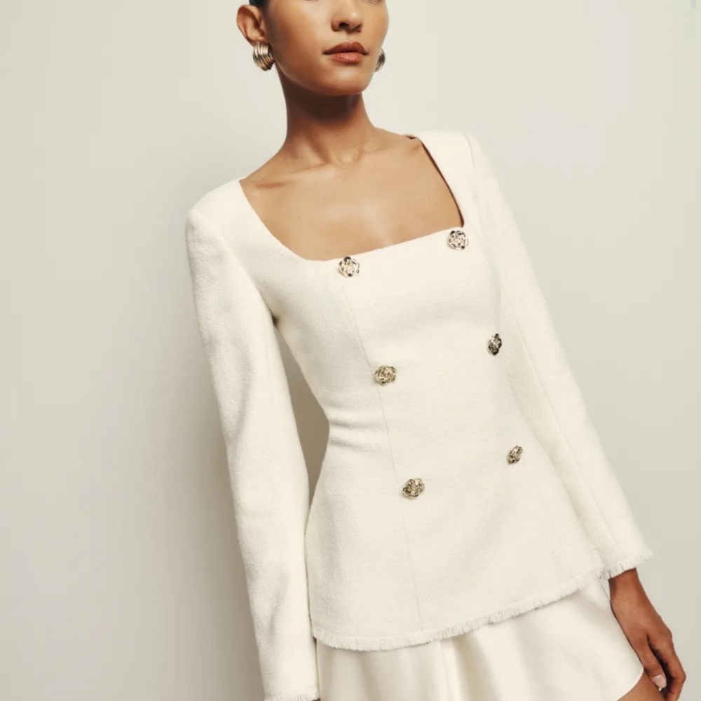 Reformation White Square-Neck Double-Breasted Tweed Blouse